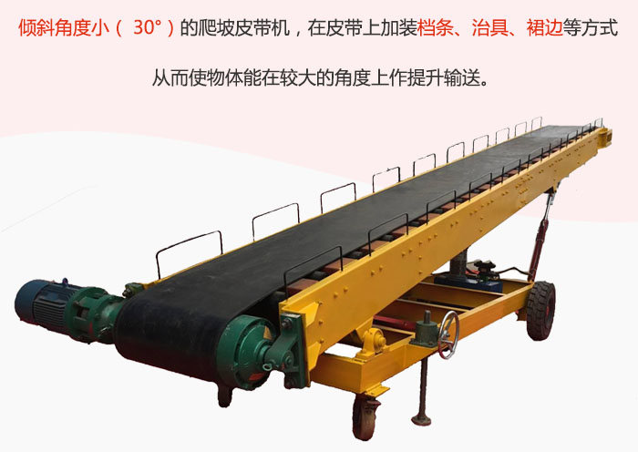 傾斜角度?。?30°）的爬坡皮帶機(jī)，在皮帶上加裝檔條、治具、裙邊等方式從而使物體能在較大的角度上作提升輸送。